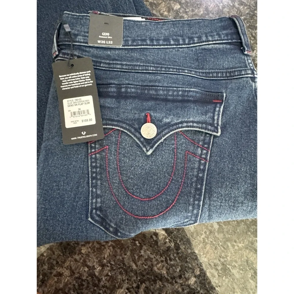 True Religion Geno Relaxed Slim Flap Jeans Men's 36x32 Autumn‎ Wash Blue NWT Red